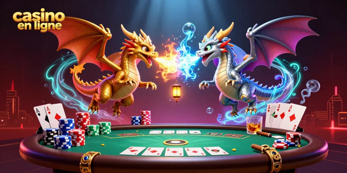 Jouez au casino en ligne et découvrez des dragons entrelacés avec des accessoires de poker attrayants.