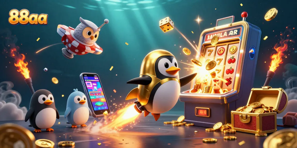 Engage with exciting games at 88aa, featuring a golden penguin and jackpots bursting with coins.