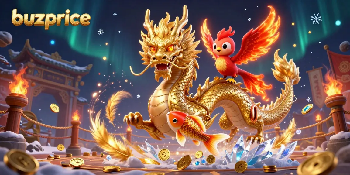 Engage with buzprice in this vibrant scene featuring a dragon, phoenix, and koi fish amidst casino elements.
