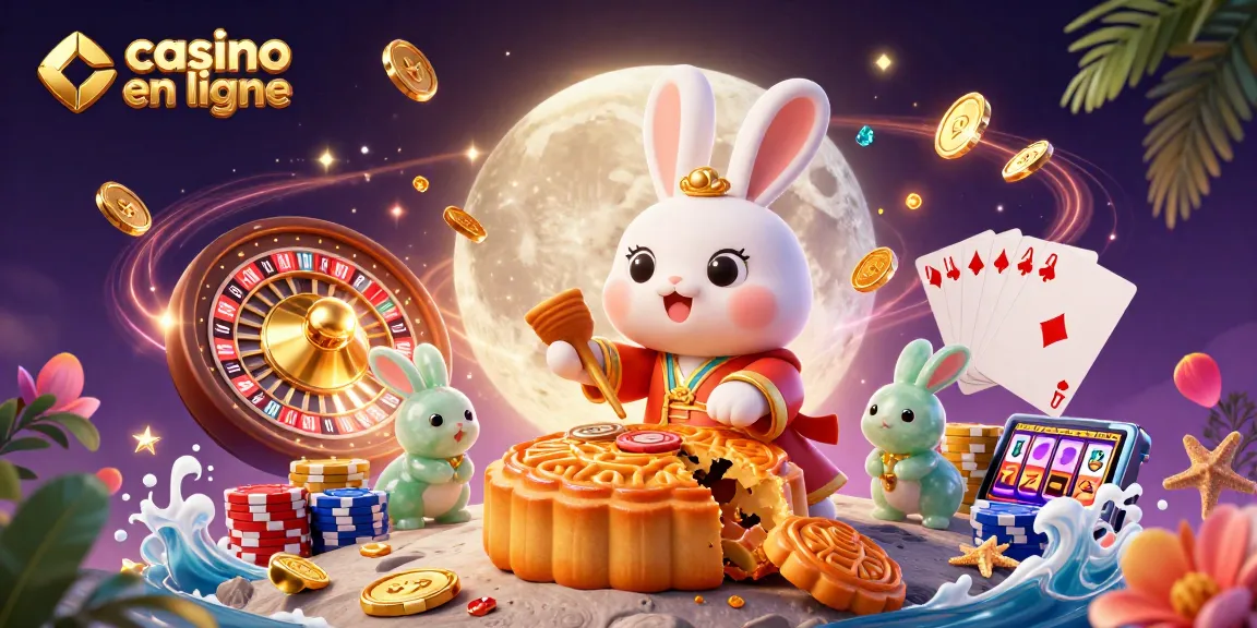 Casino en ligne : Illustration 3D captivante avec un lapin de lune et des jetons de poker.