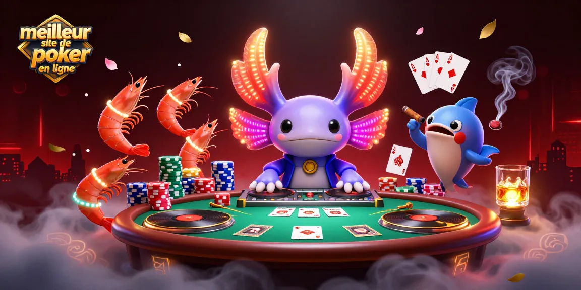 Découvrez le meilleur site de poker en ligne avec un DJ axolotl animé entouré de jetons et de cartes.