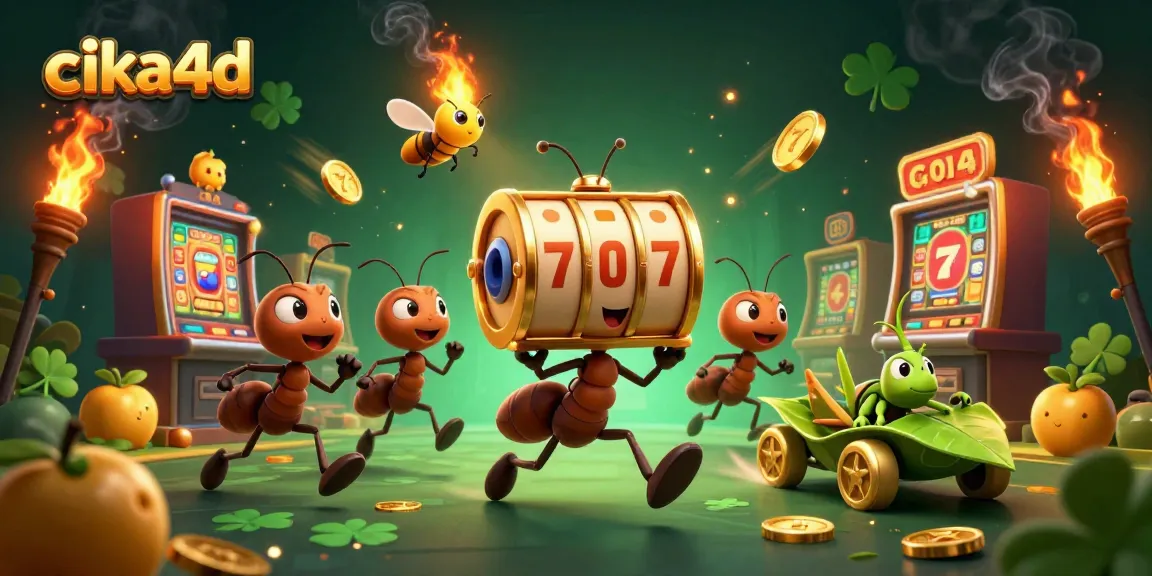Engage in thrilling gameplay on cika4d with ant characters showcasing a grand slot heist, blending casino elements.