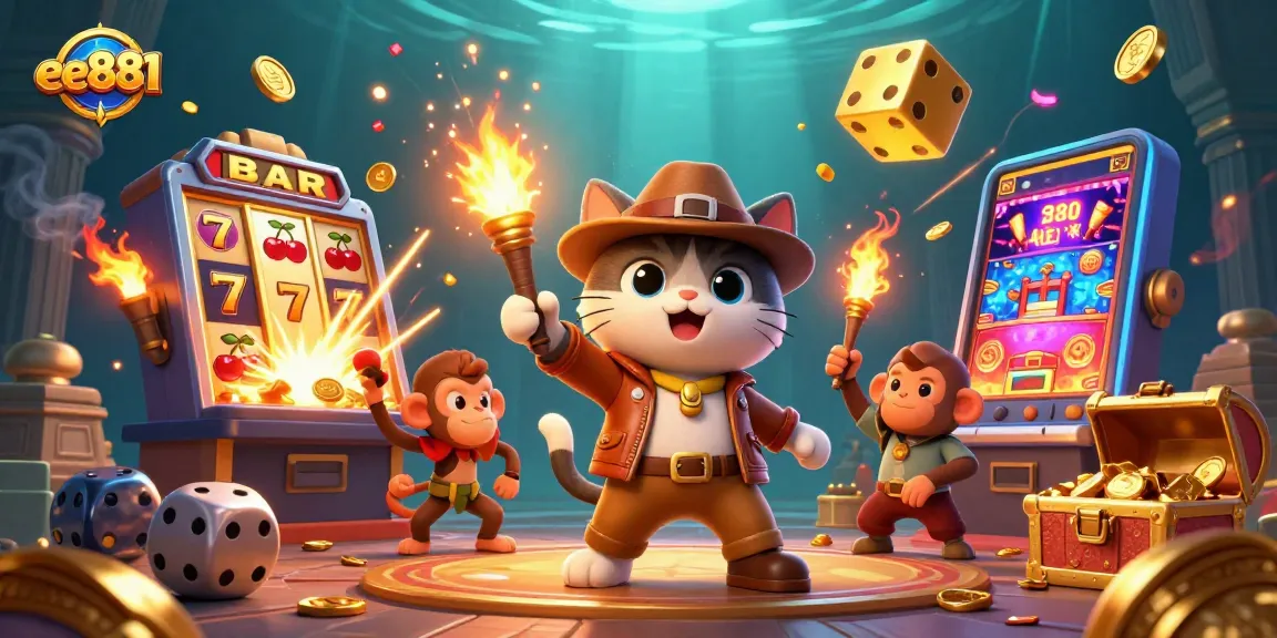 Experience thrilling jackpots at ee881 with the explorer cat and monkey companion discovering treasures!