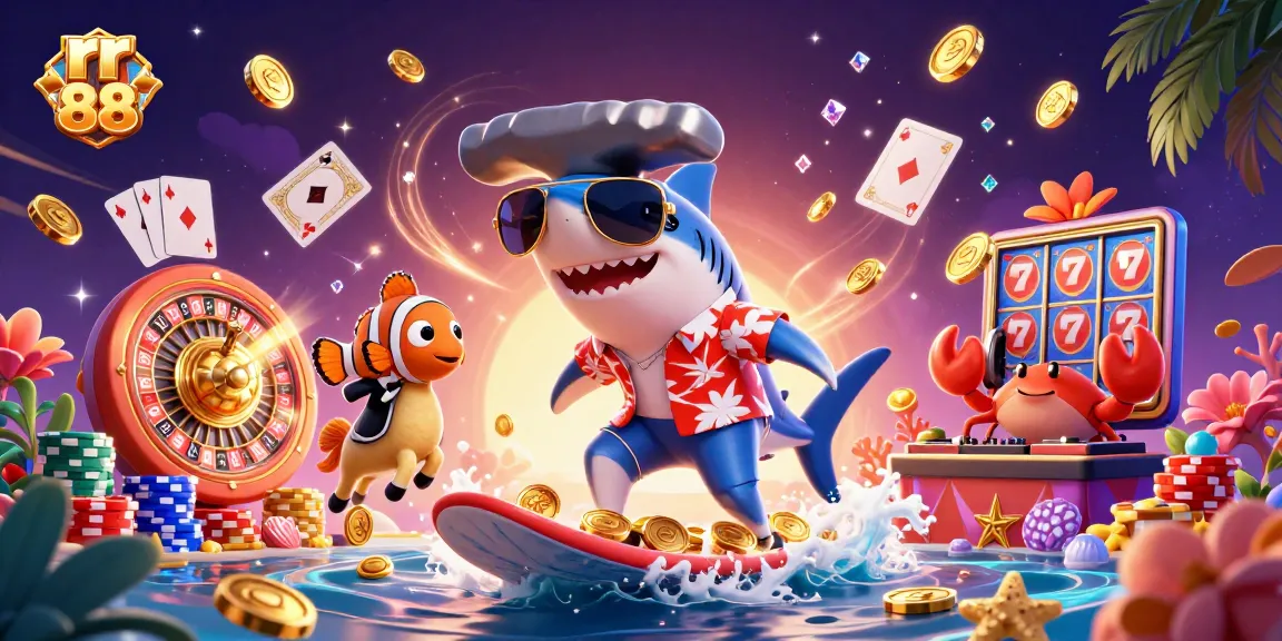 Engage in thrilling wins at rr 88 with vibrant 3D casino characters and elements in a dynamic scene.