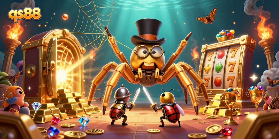 Engage with exciting slots at qs88, featuring a vibrant 3D casino scene with a golden tarantula and beetle knight.