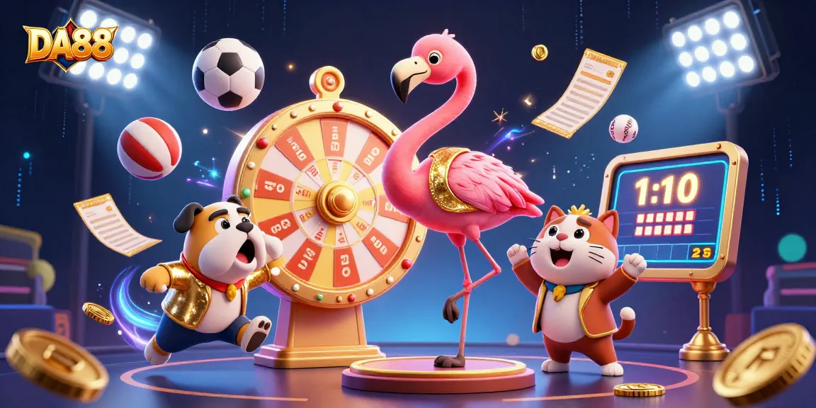 DA88 showcases an energetic game show scene with vibrant sports elements and dynamic characters.