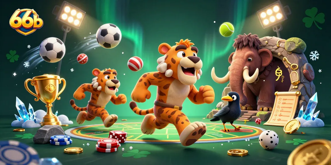 Engage in thrilling gaming adventures at 66b with 3D cartoon characters in a vibrant casino scene.