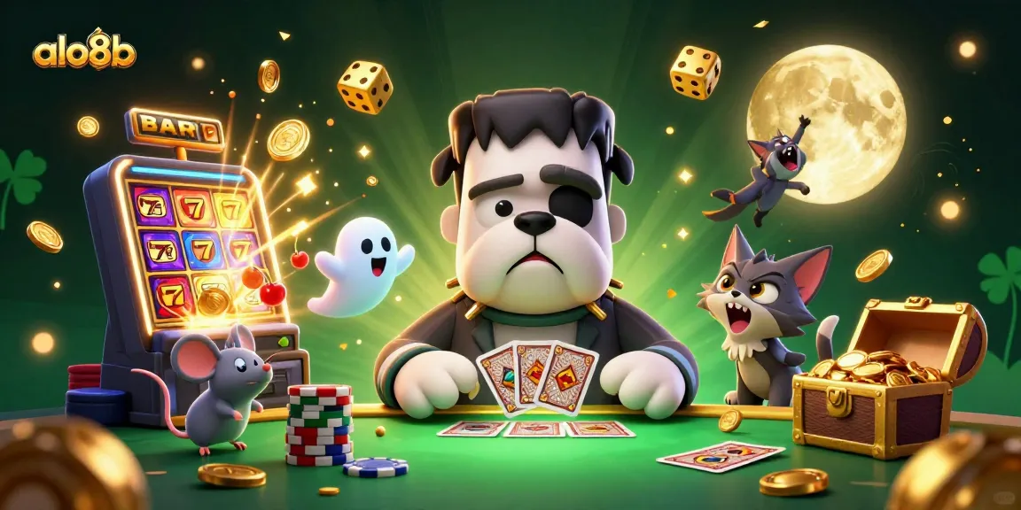 Engage in thrilling games at alo8b with a lively casino scene featuring cartoon characters and exciting elements.