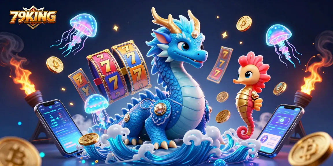 Engage with thrilling slot games at 79KING, featuring an energetic fantasy scene with vibrant characters and cryptocurrency elements.