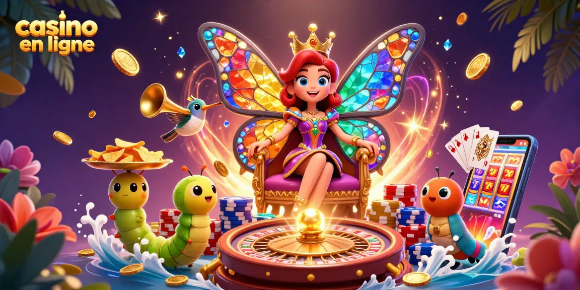 Unvisitez le casino en ligne avec cette illustration riche en éléments de jeux et personnages enchanteurs.