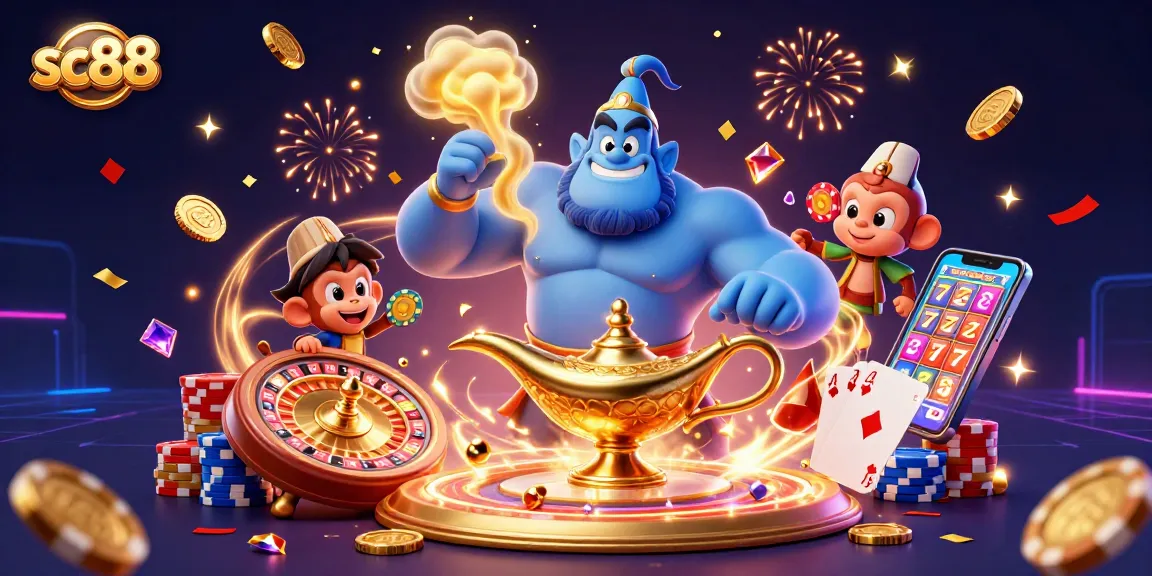 Experience the thrill of sc88 with a lively casino scene featuring a genie, poker, and vibrant elements.