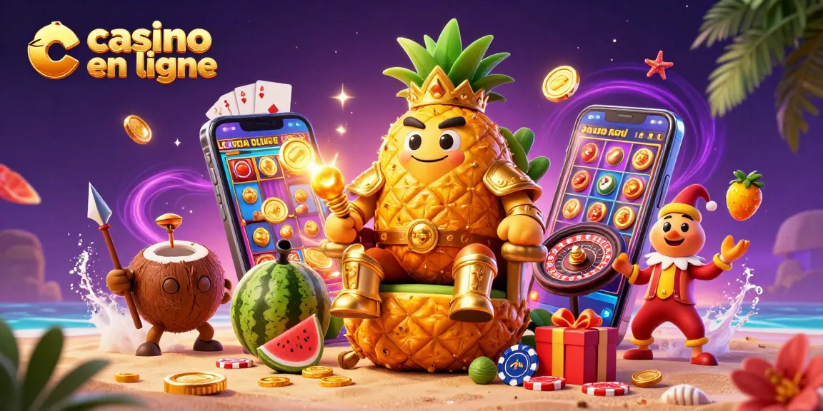 Jouez dans un casino en ligne avec le roi ananas doré et ses gardes, entouré d'éléments de jeu colorés