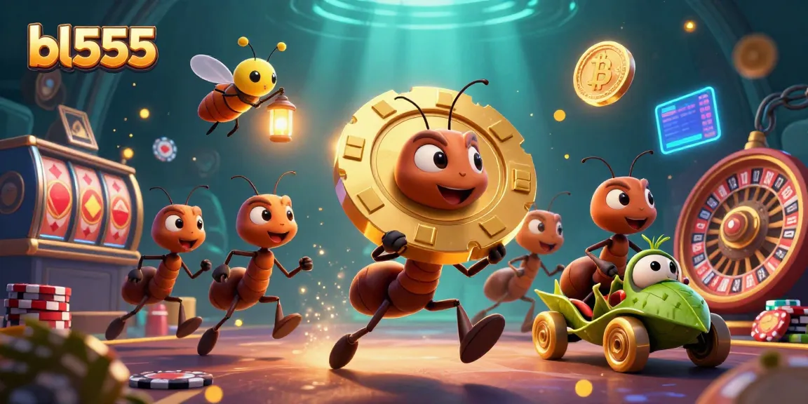 Experience thrilling wins at bl555 with ants carrying a giant poker chip in a vibrant casino heist.
