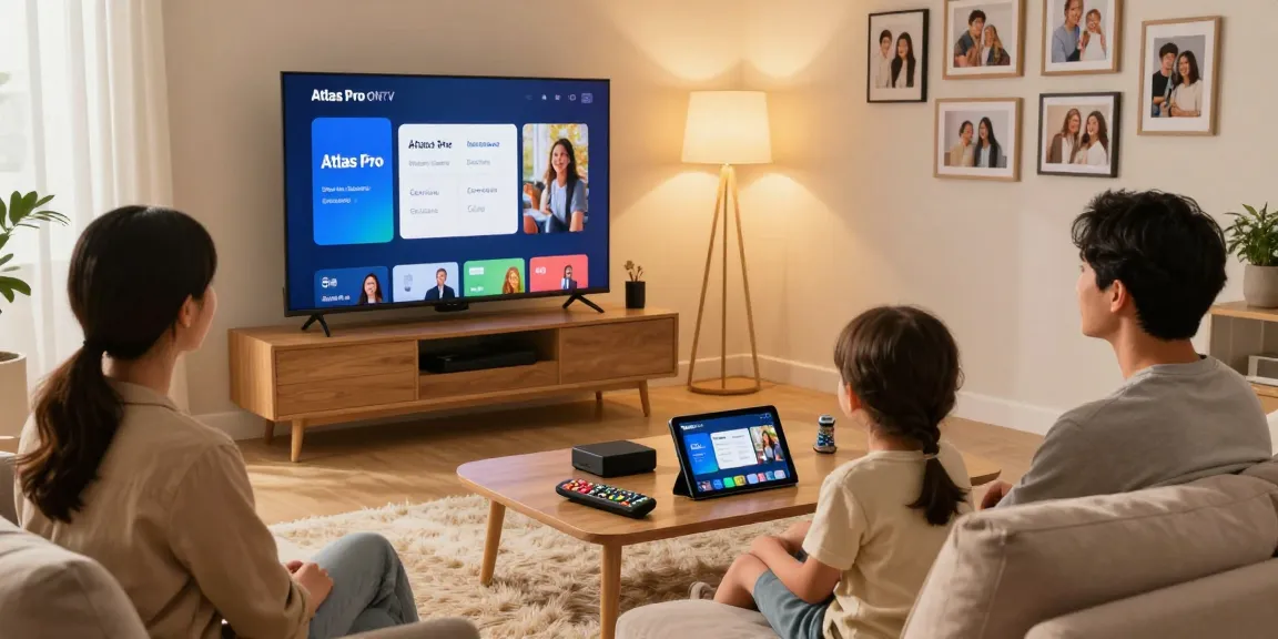 Famille regardant Atlas pro ontv en streaming sur leur téléviseur.