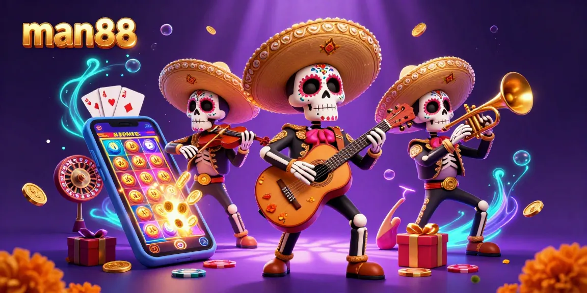 Experience exciting gaming at man88 with a vibrant 3D mariachi scene surrounded by casino elements.