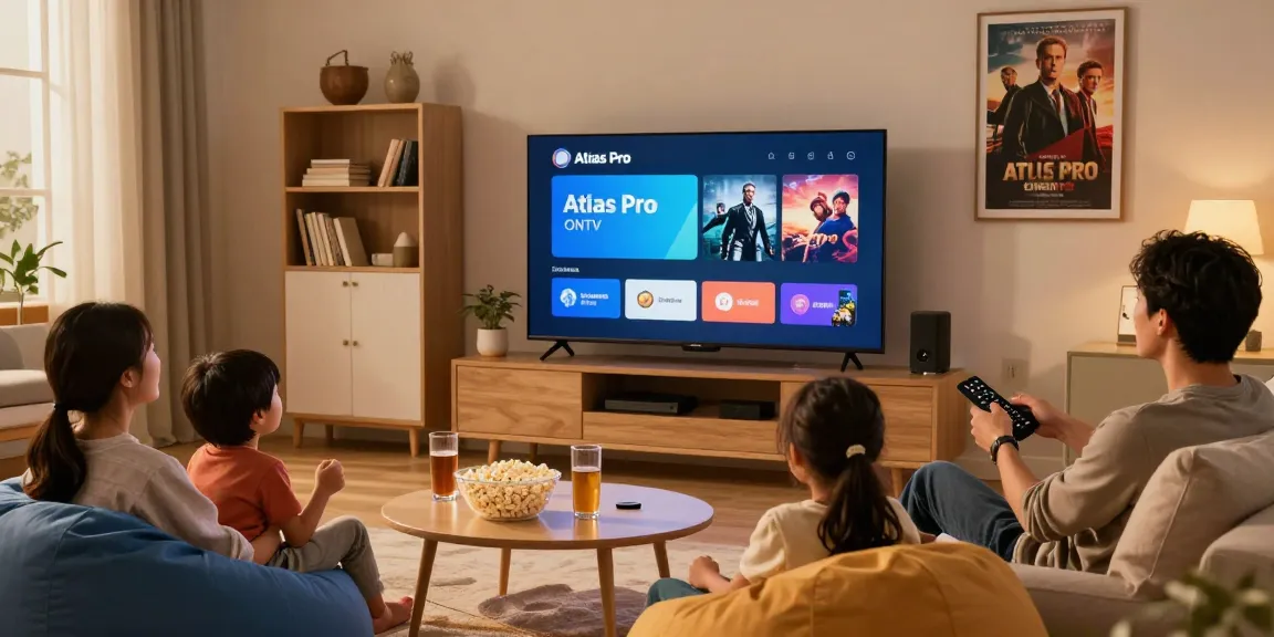 Un moment familial regardant Atlas Pro ONTV sur un grand écran TV dans un salon confortable.