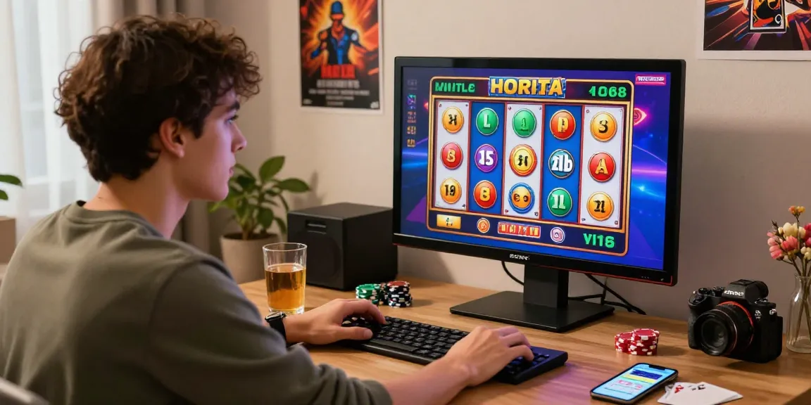 Action intense de casino en ligne avec joueur engagé devant ordinateur, ambiance chaleureuse et accessoires de jeu.