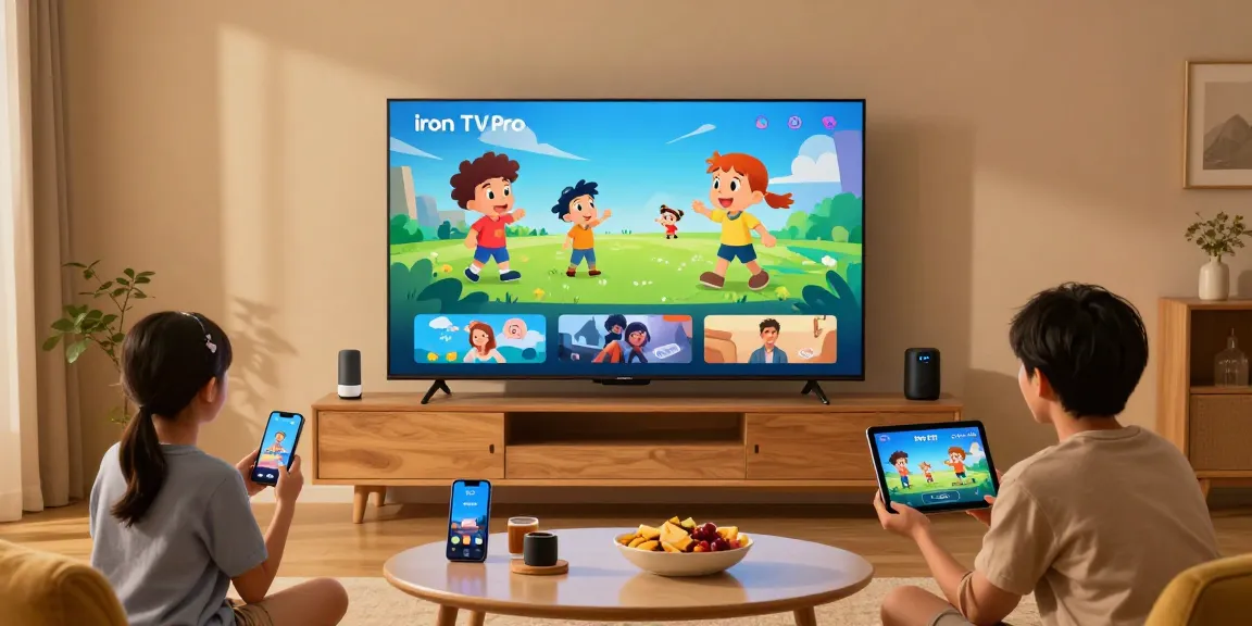 Famille profitant de l'abonnement Iron tv pro sur un grand écran TV dans un salon moderne.