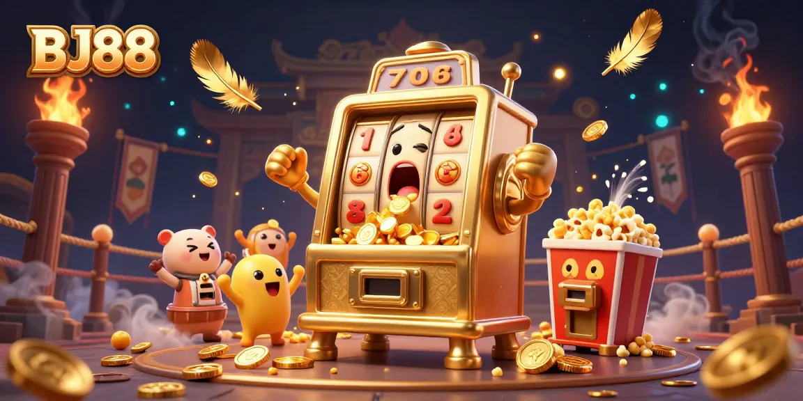BJ88 slot machine celebrates hitting a jackpot, surrounded by cheering smaller machines in a vibrant casino atmosphere.