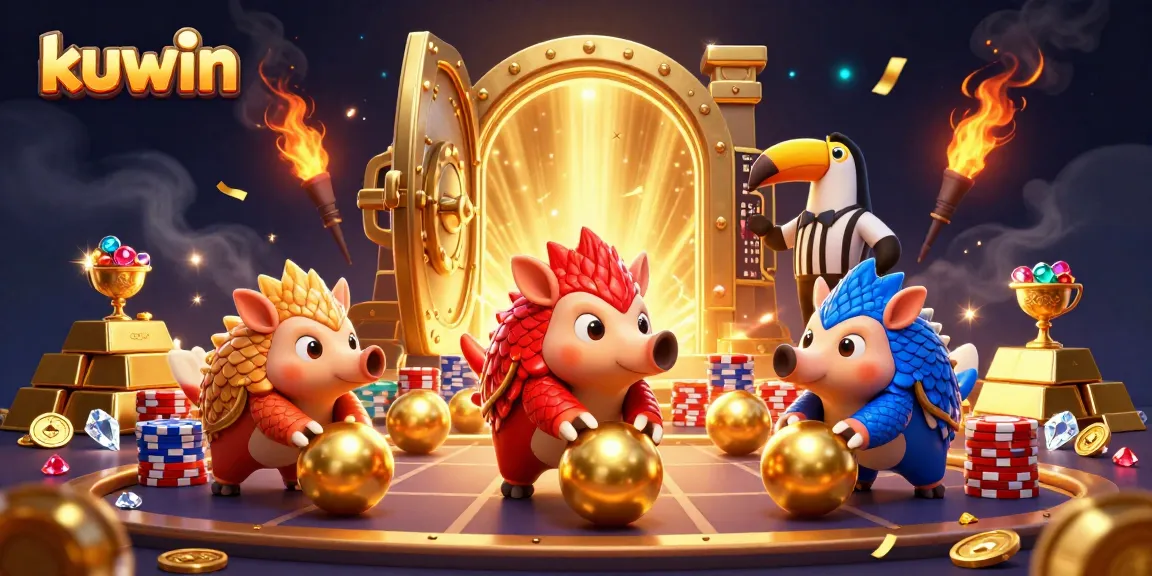 kuwin pangolins engage in dynamic gameplay surrounded by golden treasures, poker chips, and colorful confetti