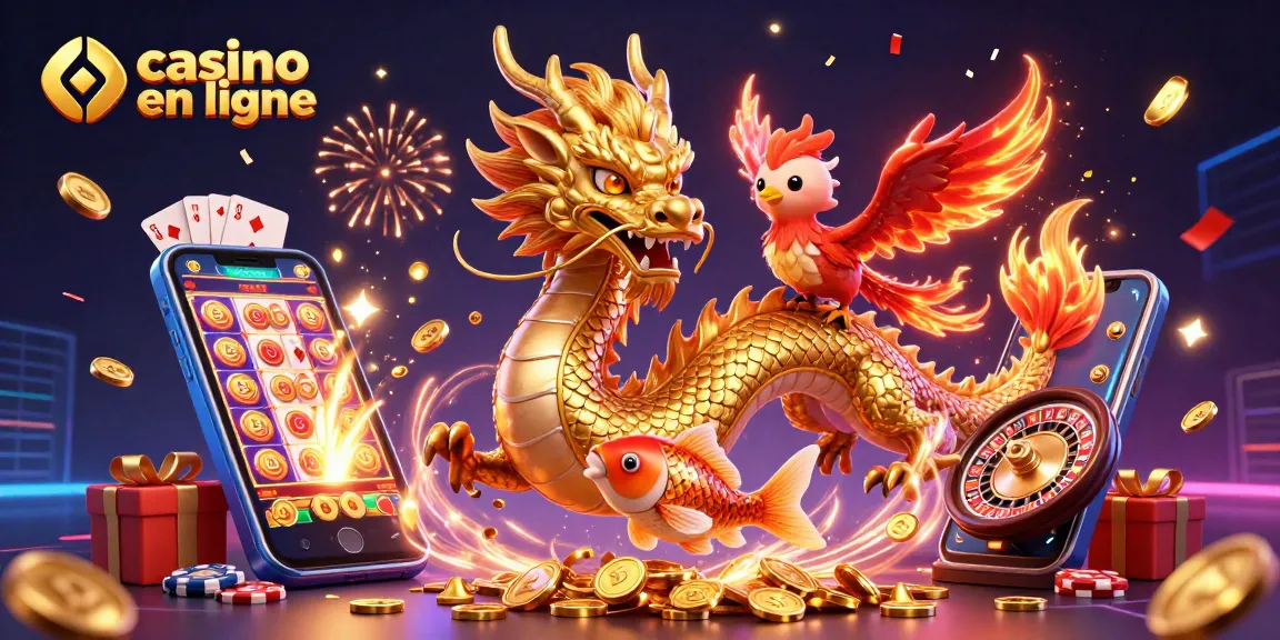 Profitez des jeux de casino en ligne avec un dragon doré et un phénix fantastique dans une scène immersive.