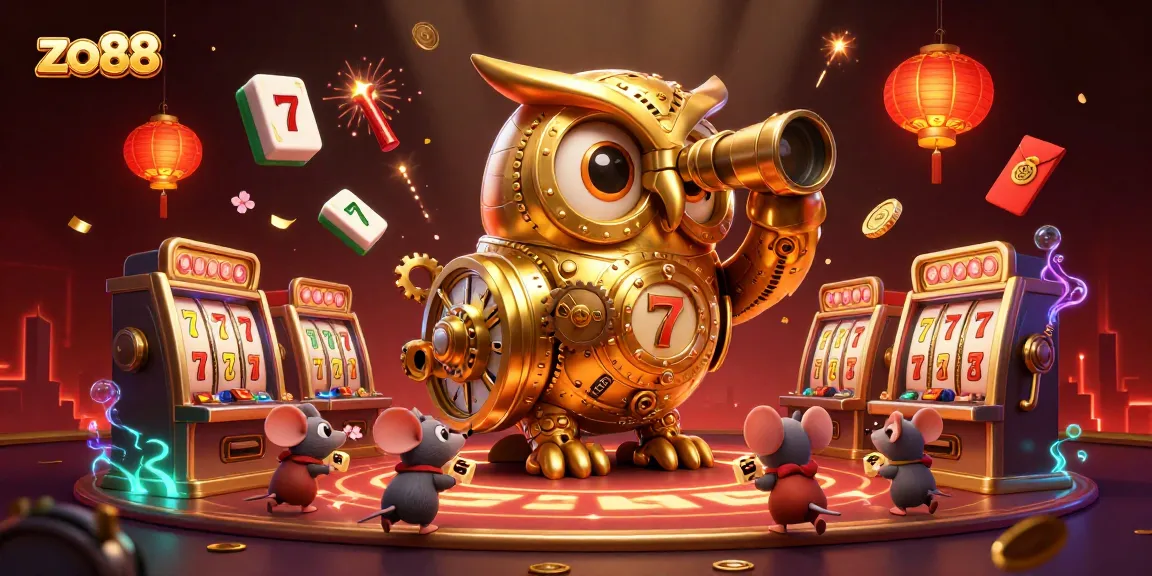Experience the excitement of zo88 with a golden owl watching over a vibrant casino filled with games and patrons.
