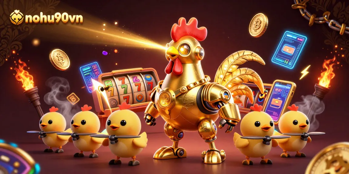 Experience the thrill of nohu90vn with a golden rooster robot and dynamic slot game elements.