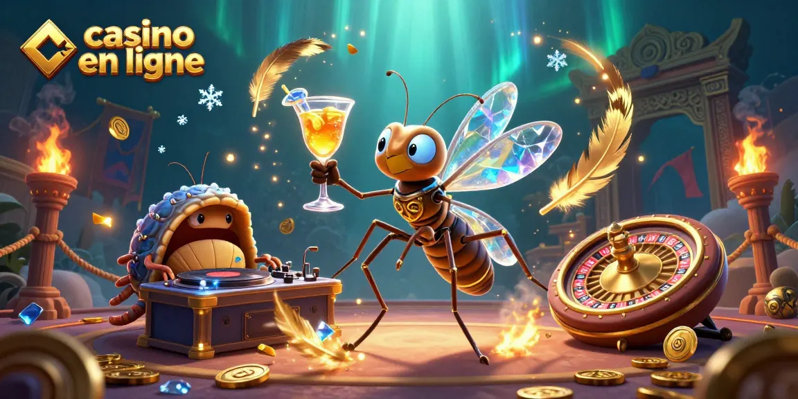 Découvrez un casino en ligne vibrant avec un moustique mascotte et un DJ, entouré de jetons d'or et une ambiance dynamique.