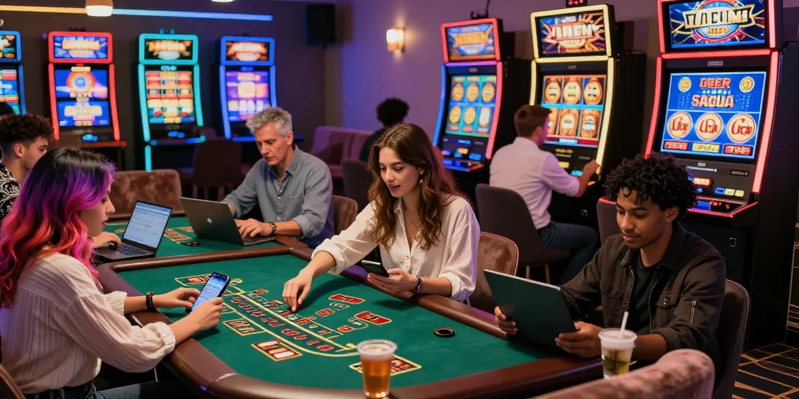 Casino en ligne : joueurs divers profitant de jeux d'argent sur smartphones et ordinateurs dans une ambiance dynamique.