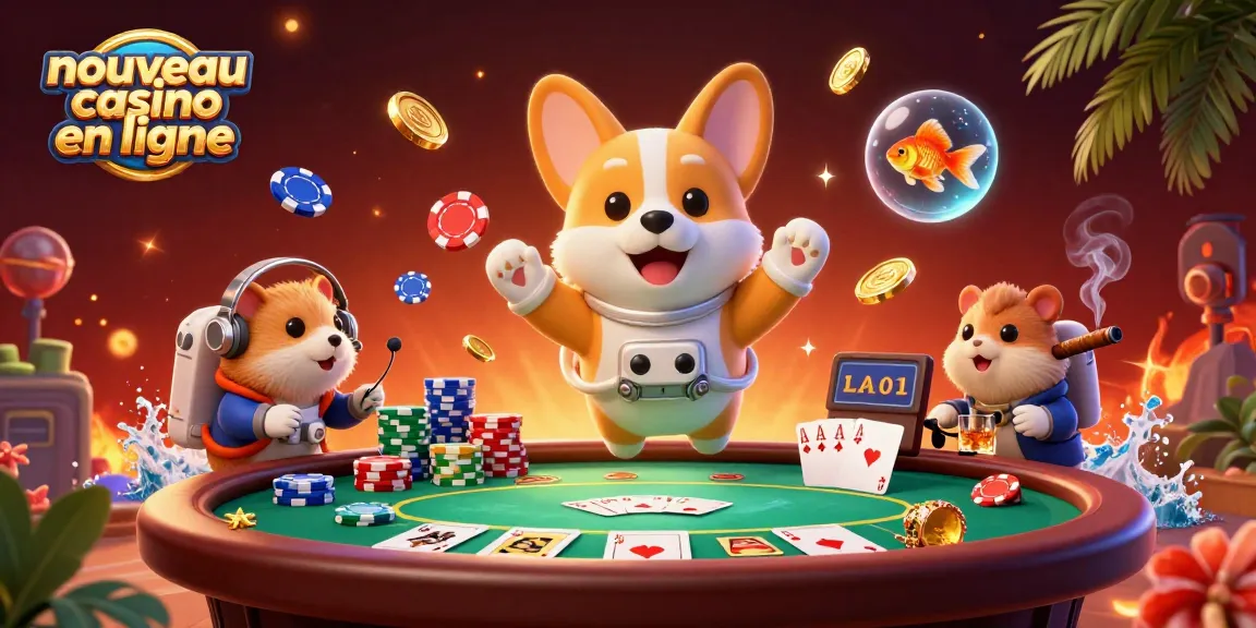 Dans ce nouveau casino en ligne, un corgi astronaute flotte avec des jetons de poker et des pièces d'or, créant une atmosphère ludique.