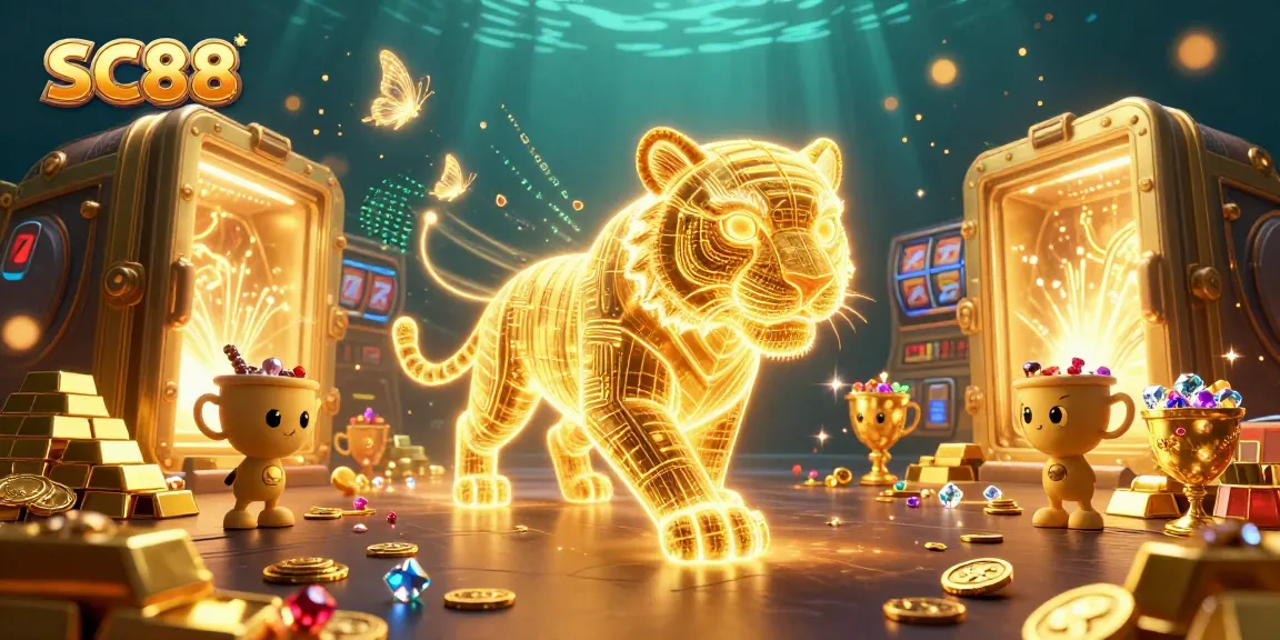 Experience the thrill of SC88 with a dazzling 3D tiger and golden treasures in a vibrant digital casino.