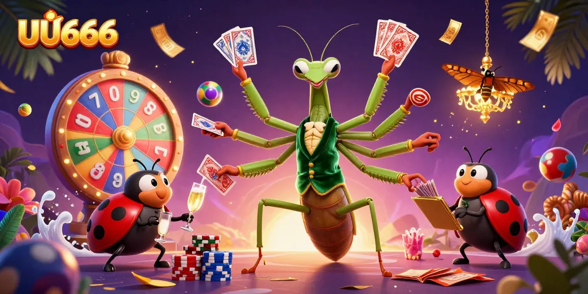 Experience thrilling moments with UU666's captivating casino scene full of vibrant game elements and characters.
