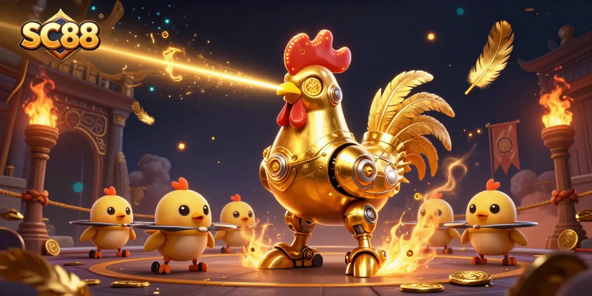 Engage with SC88's thrilling gameplay featuring a golden rooster robot amid a vibrant casino scene.